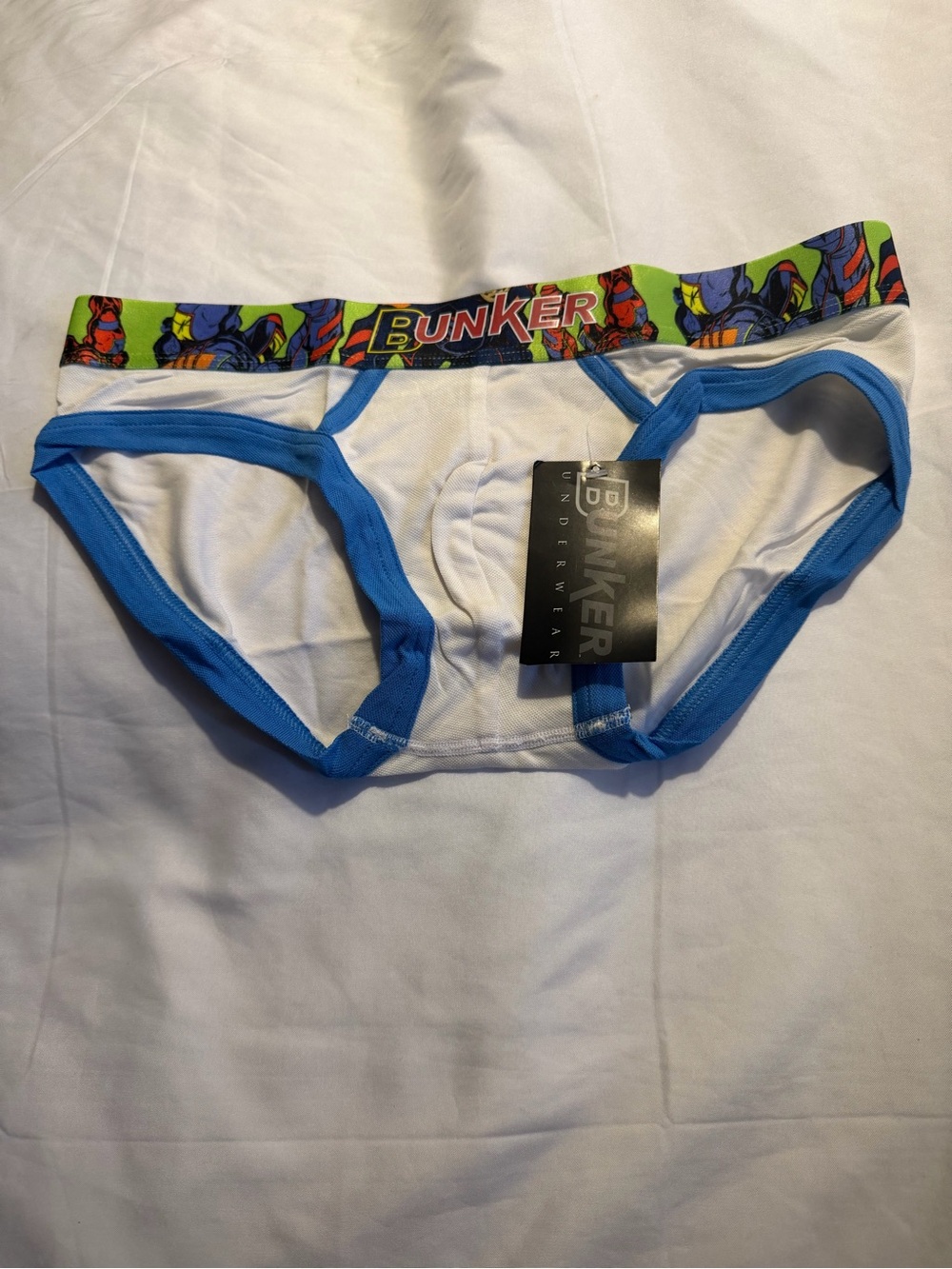 Men’s White Briefs with Blue Trim and Multicolor Waistband